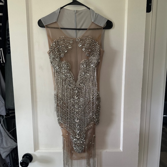 Silver Mesh Rhinestone Diamond Tassel Birthday Prom Dress